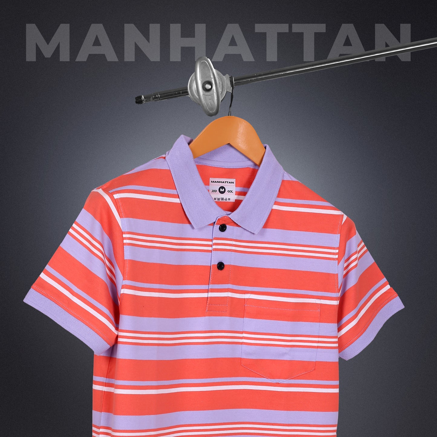 Premium Cotton Multi Striped Polo Pocket (Orange/Blue Stripes)
