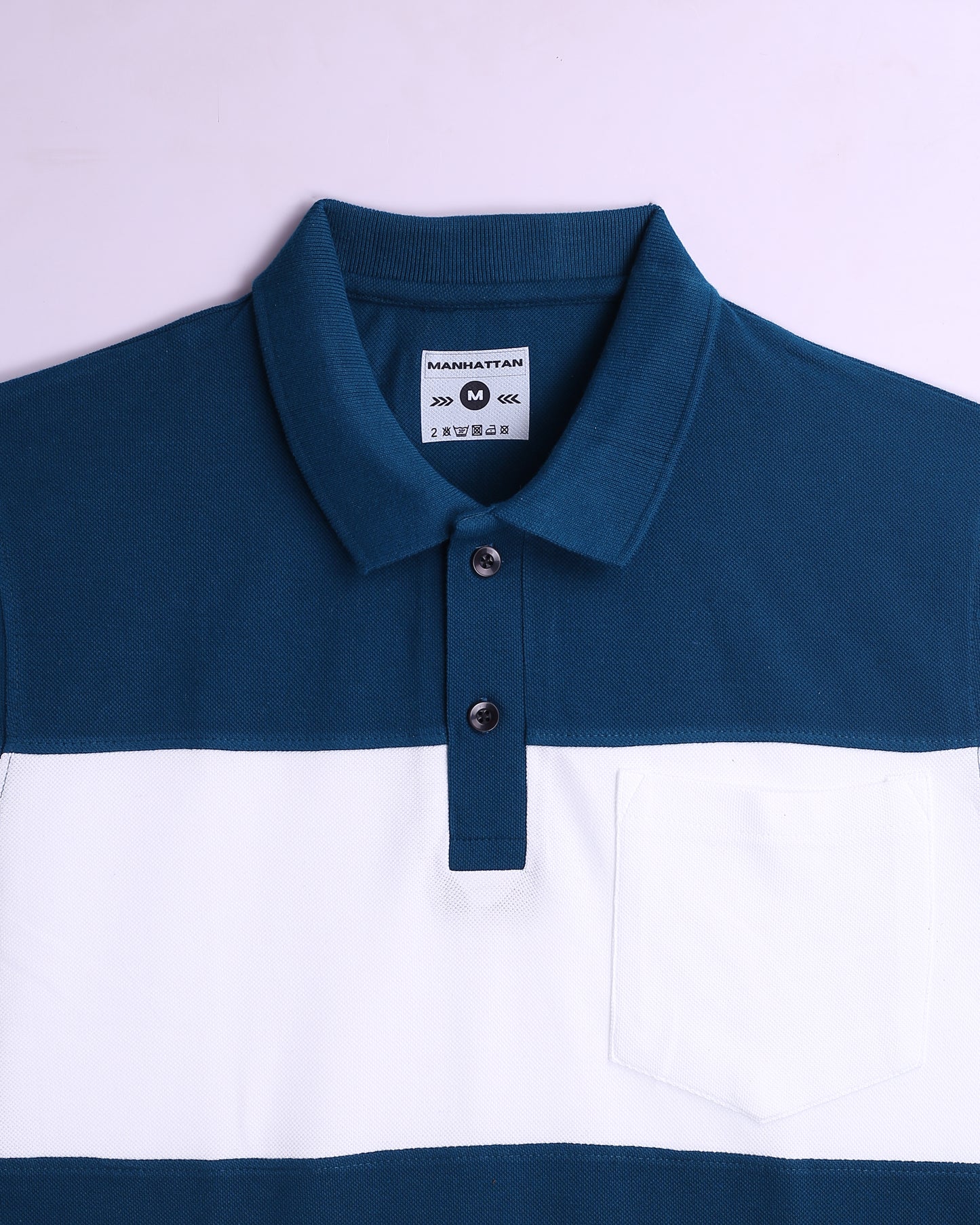 Pure Cotton Polo Pocket T shirts (White/Teal Blue) Cut & Sew