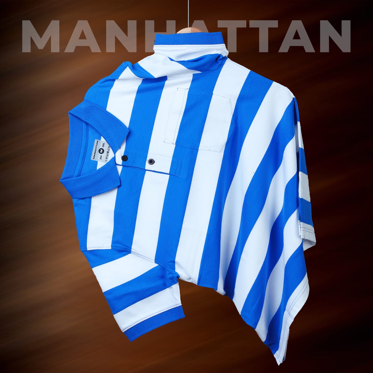 Premium Cotton Striped Polo Pocket (White/Blue Stripes)