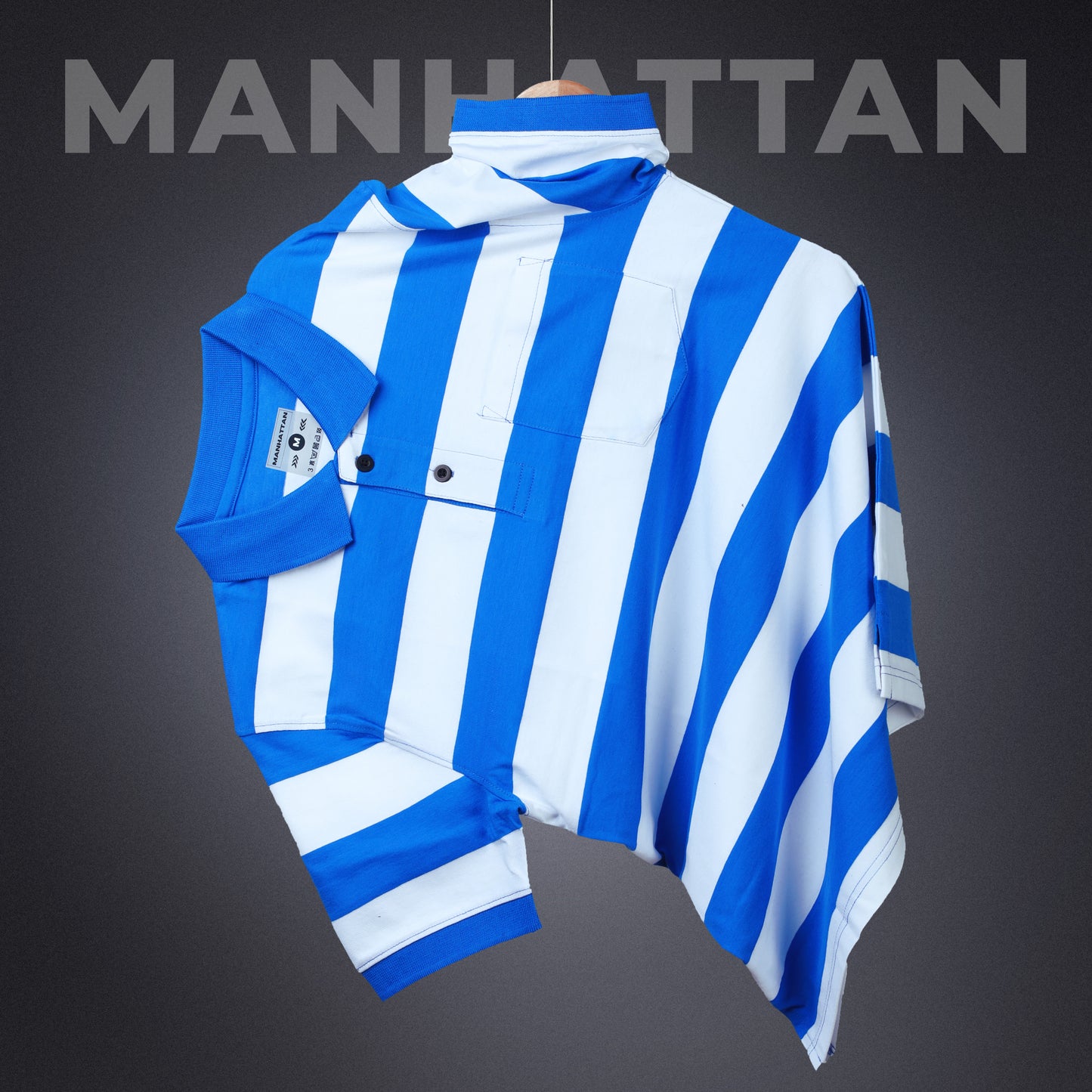 Premium Cotton Striped Polo Pocket (White/Blue Stripes)