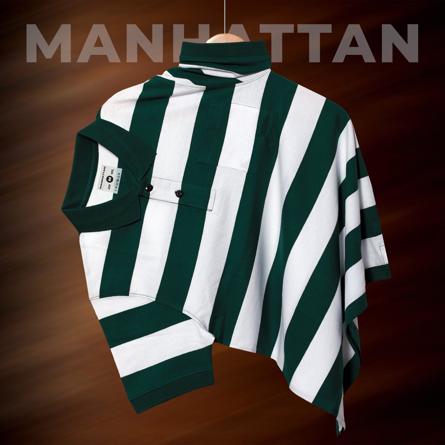 Premium Cotton Striped Polo Pocket (Green/White Stripes)