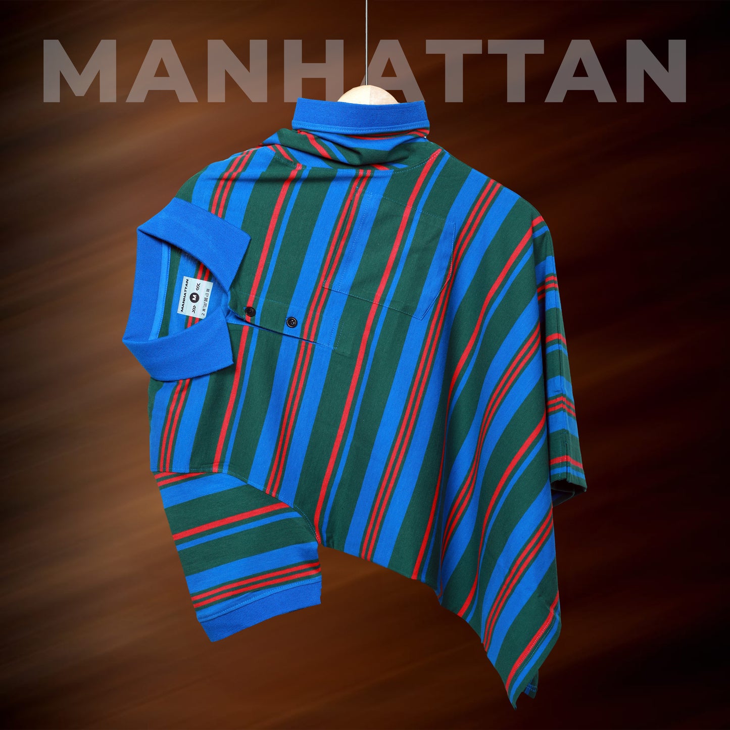 Pure Cotton Multi Striped Polo Pocket (Royal Blue/Green Stripes)