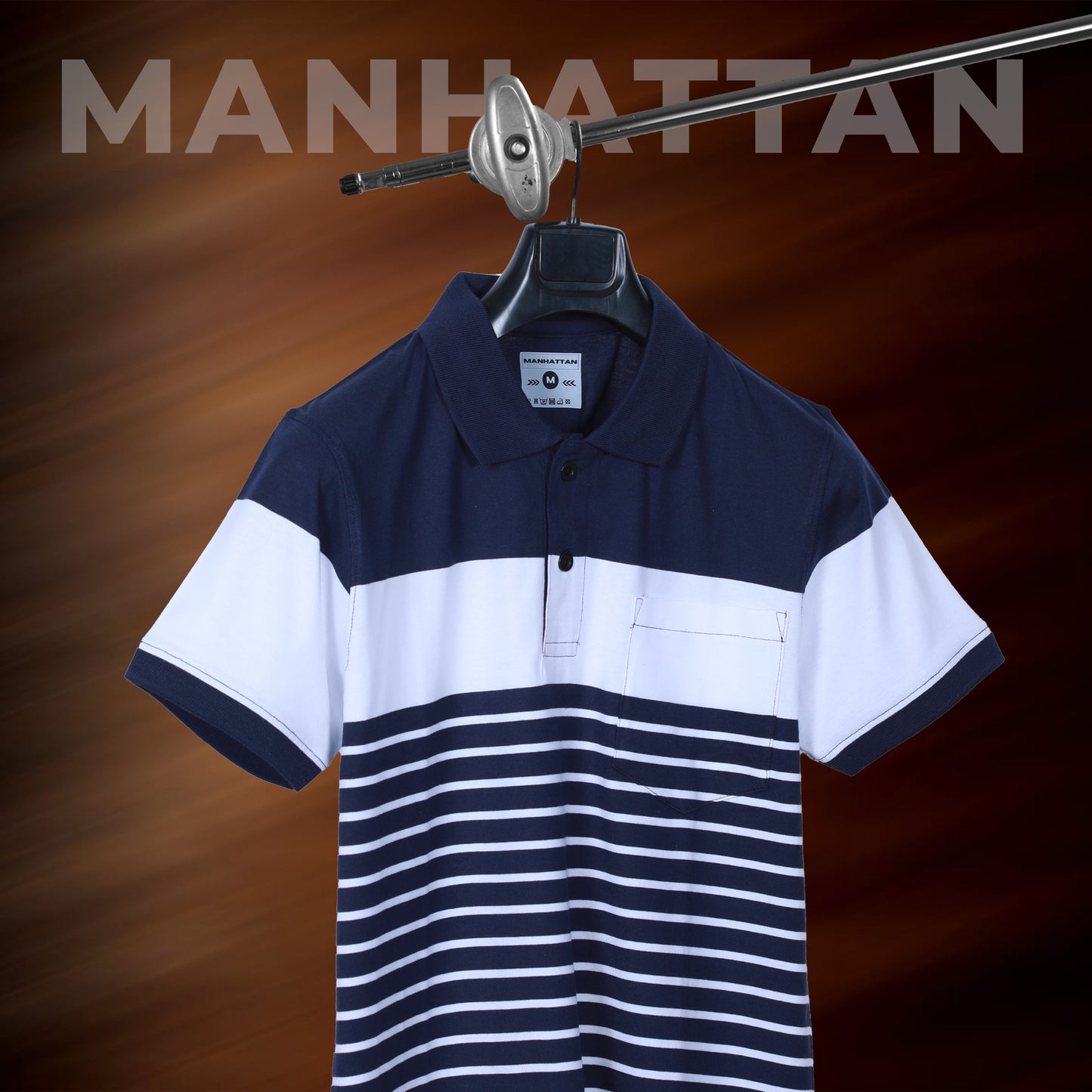 Premium Cotton Pin Striped Polo Pocket (Navy/White Stripes)