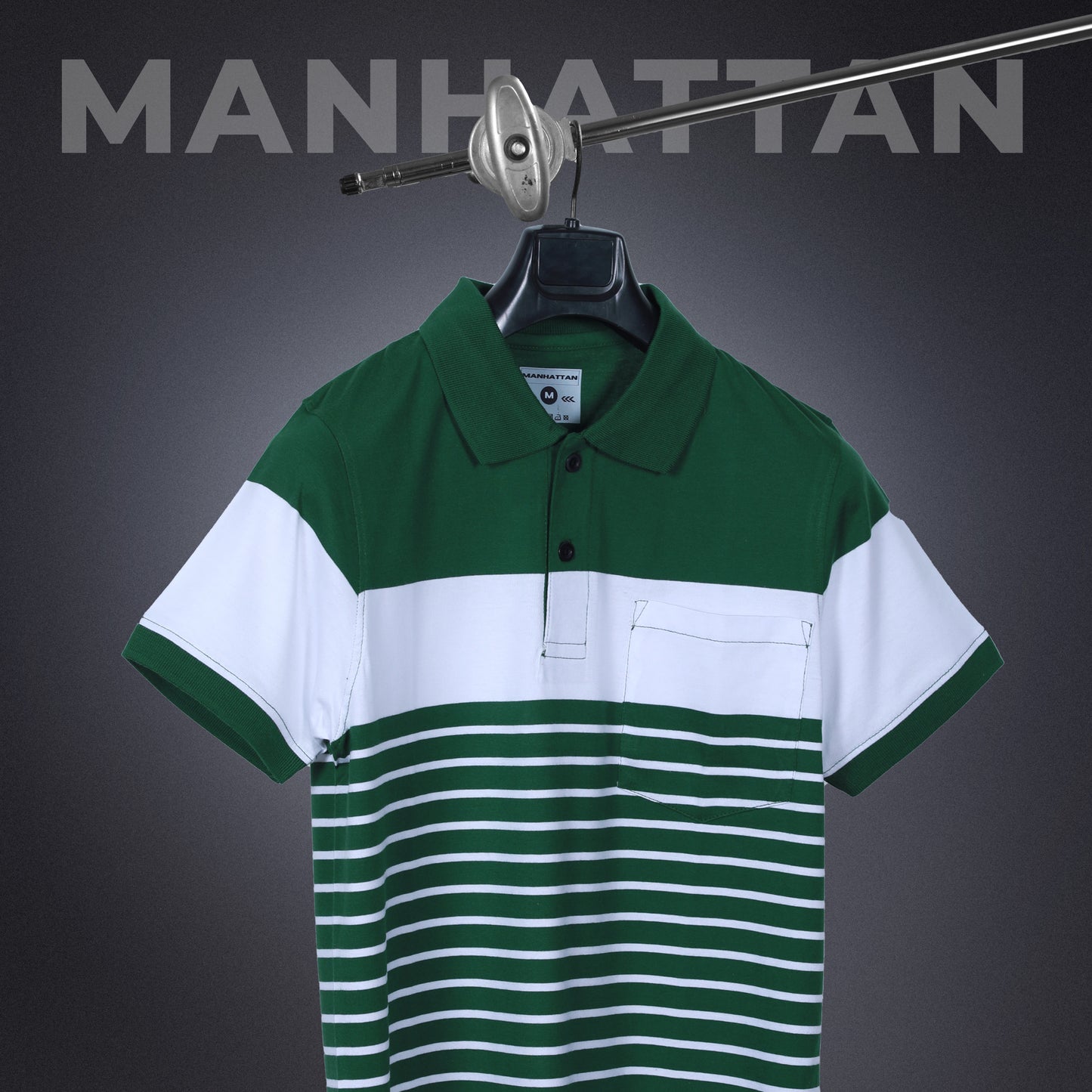 Premium Cotton Pin Striped Polo Pocket (Green/White Stripes)
