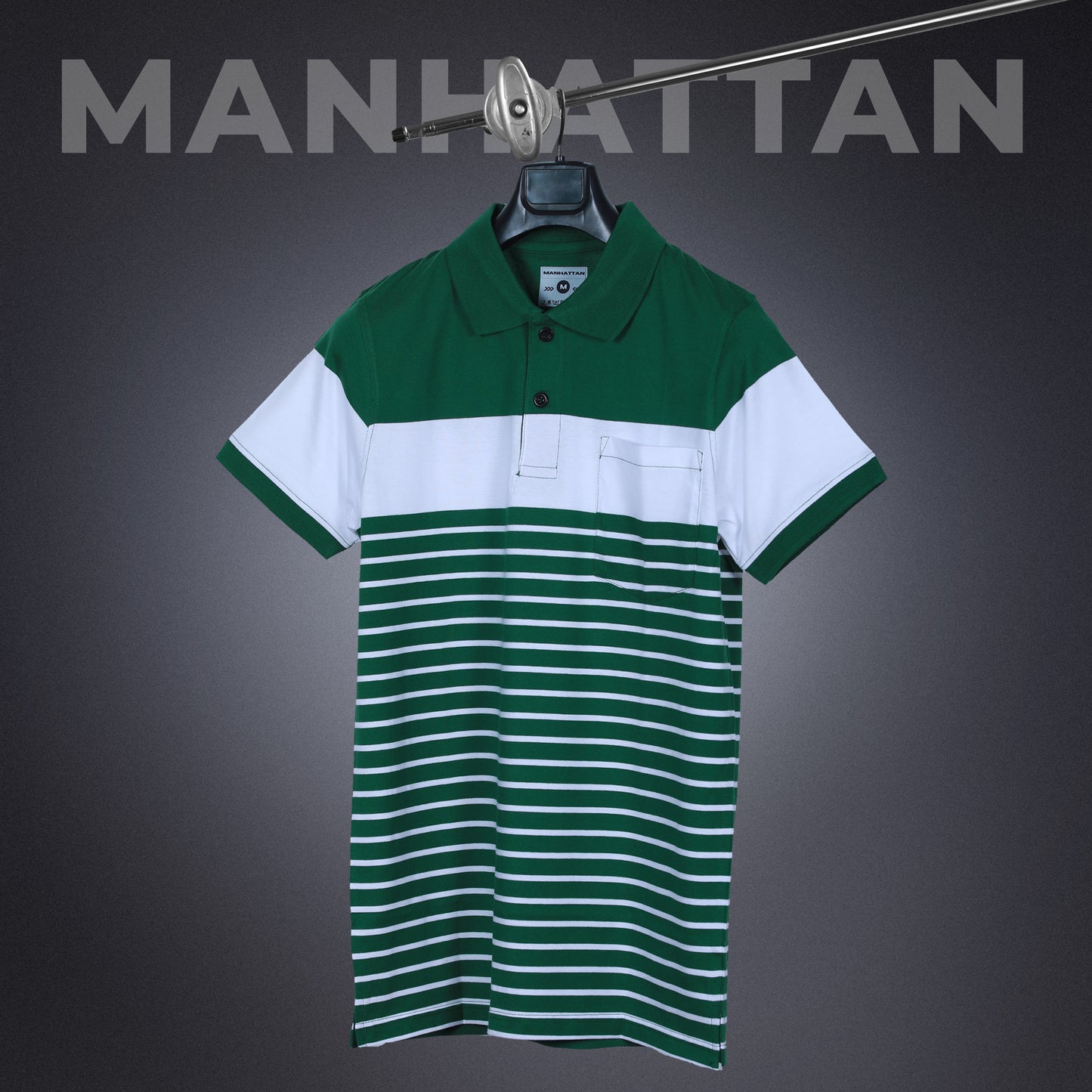 Premium Cotton Pin Striped Polo Pocket (Green/White Stripes)