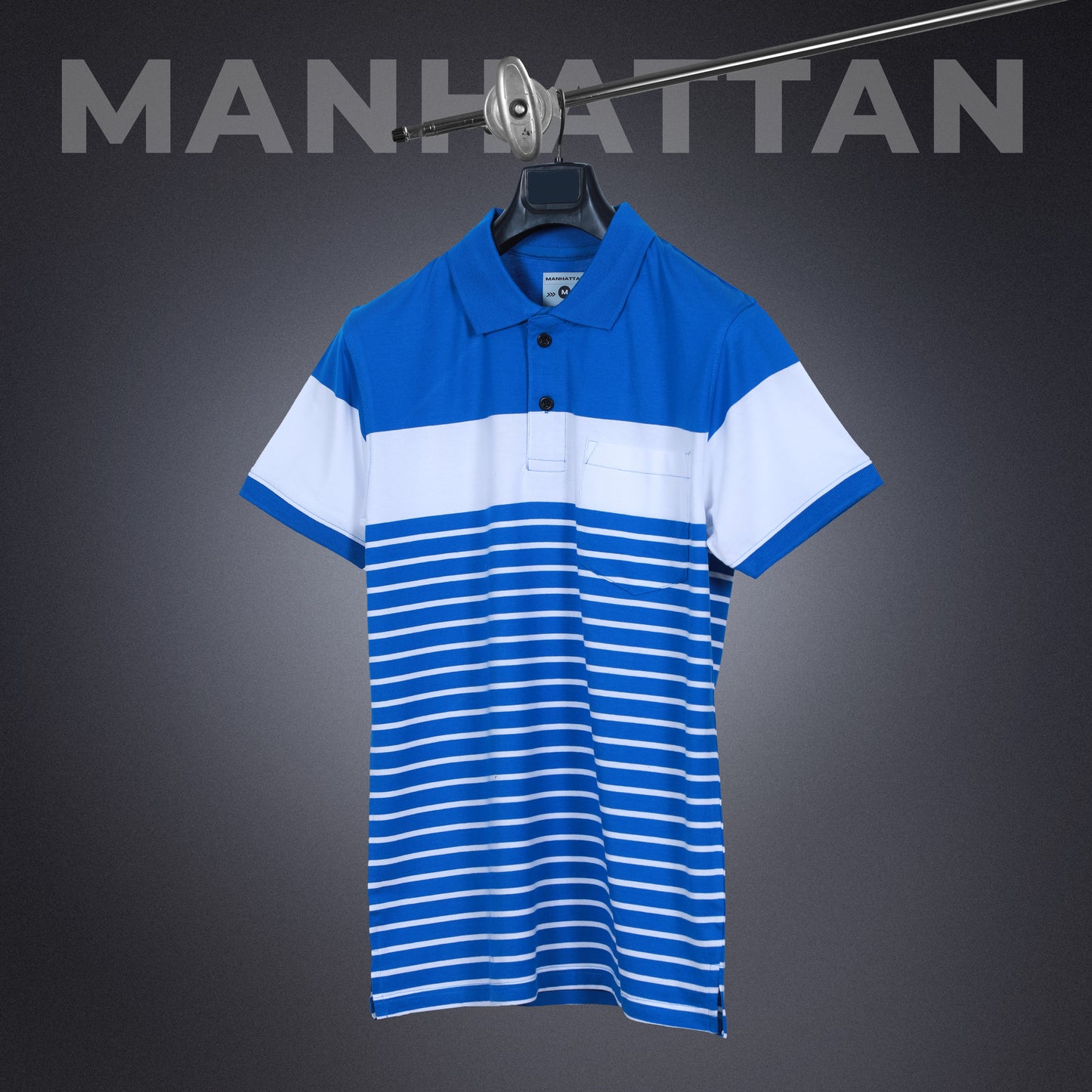 Premium Cotton Pin Striped Polo Pocket (Blue/White Stripes)