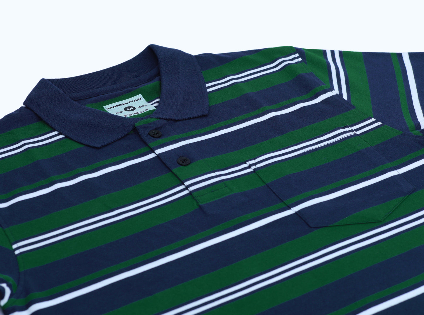 Premium Cotton Multi Striped Polo Pocket (Navy/Green/White Stripes)