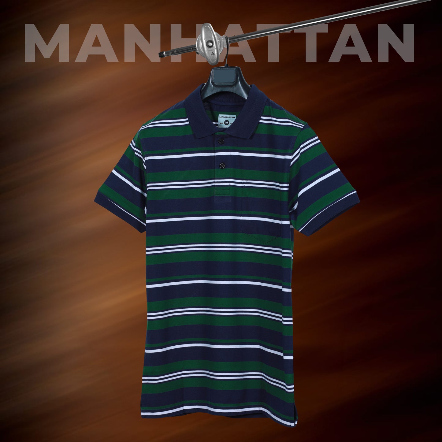 Premium Cotton Multi Striped Polo Pocket (Navy/Green/White Stripes)