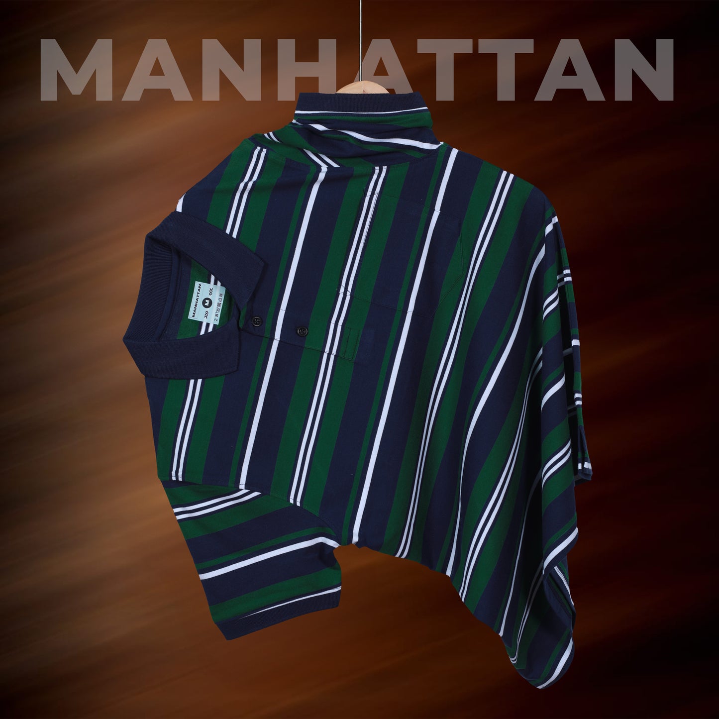 Premium Cotton Multi Striped Polo Pocket (Navy/Green/White Stripes)