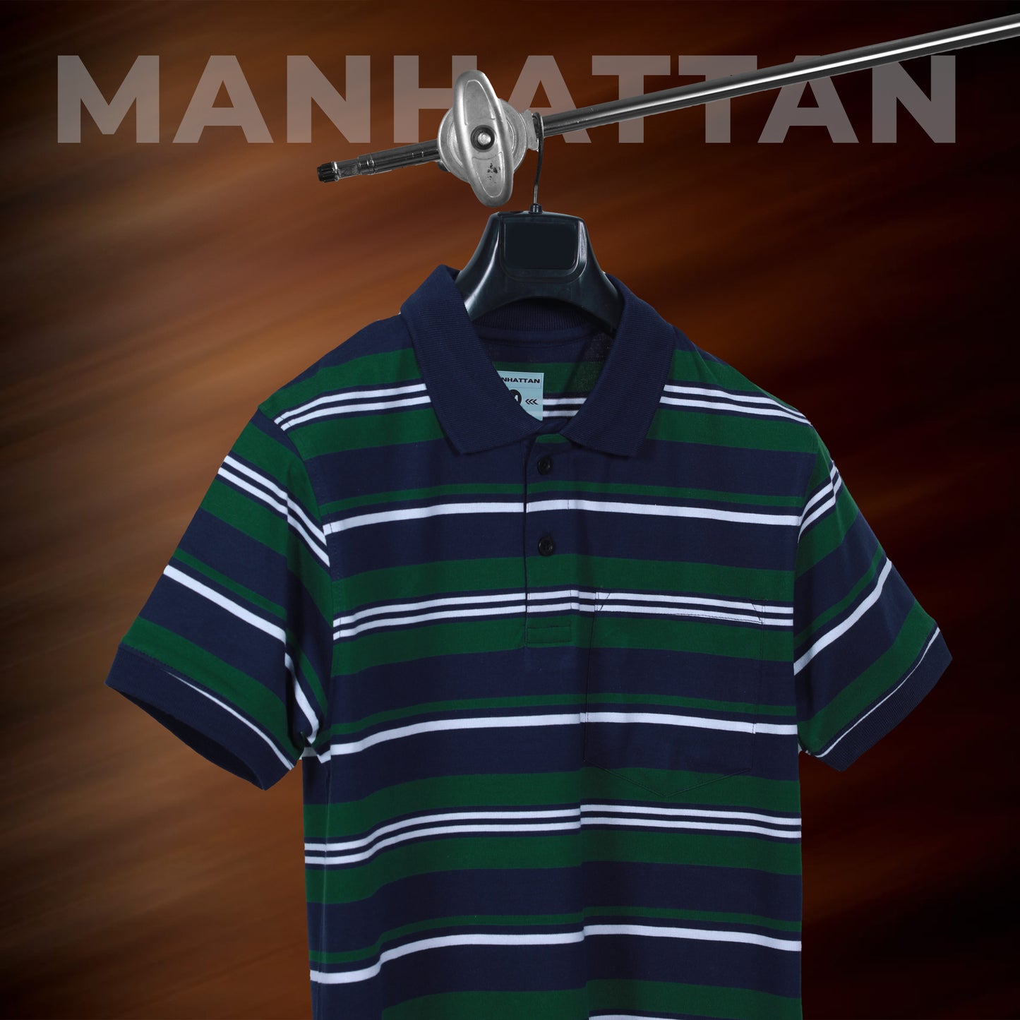 Premium Cotton Multi Striped Polo Pocket (Navy/Green/White Stripes)