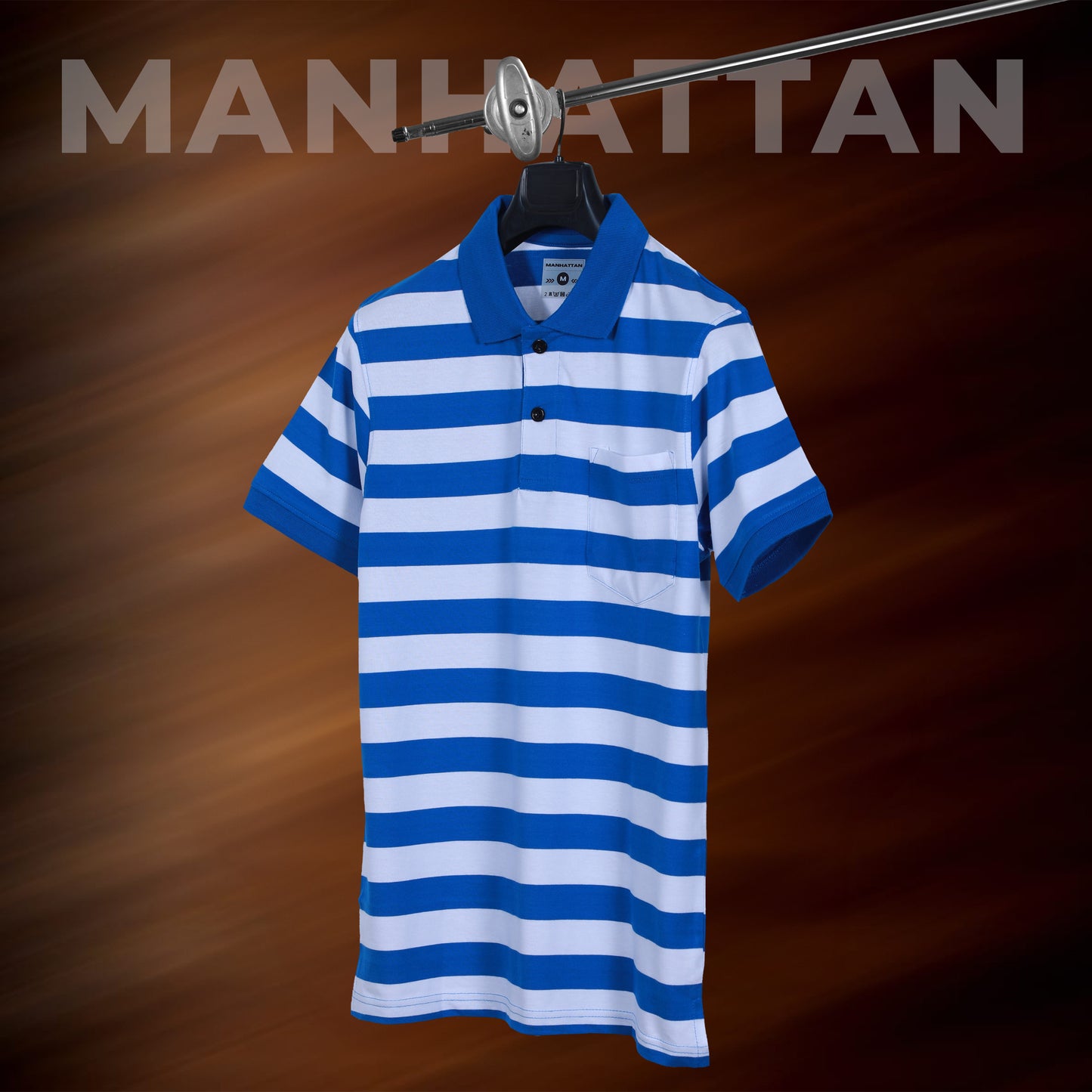 Premium Cotton Small Striped Polo Pocket (White/Blue Stripes)