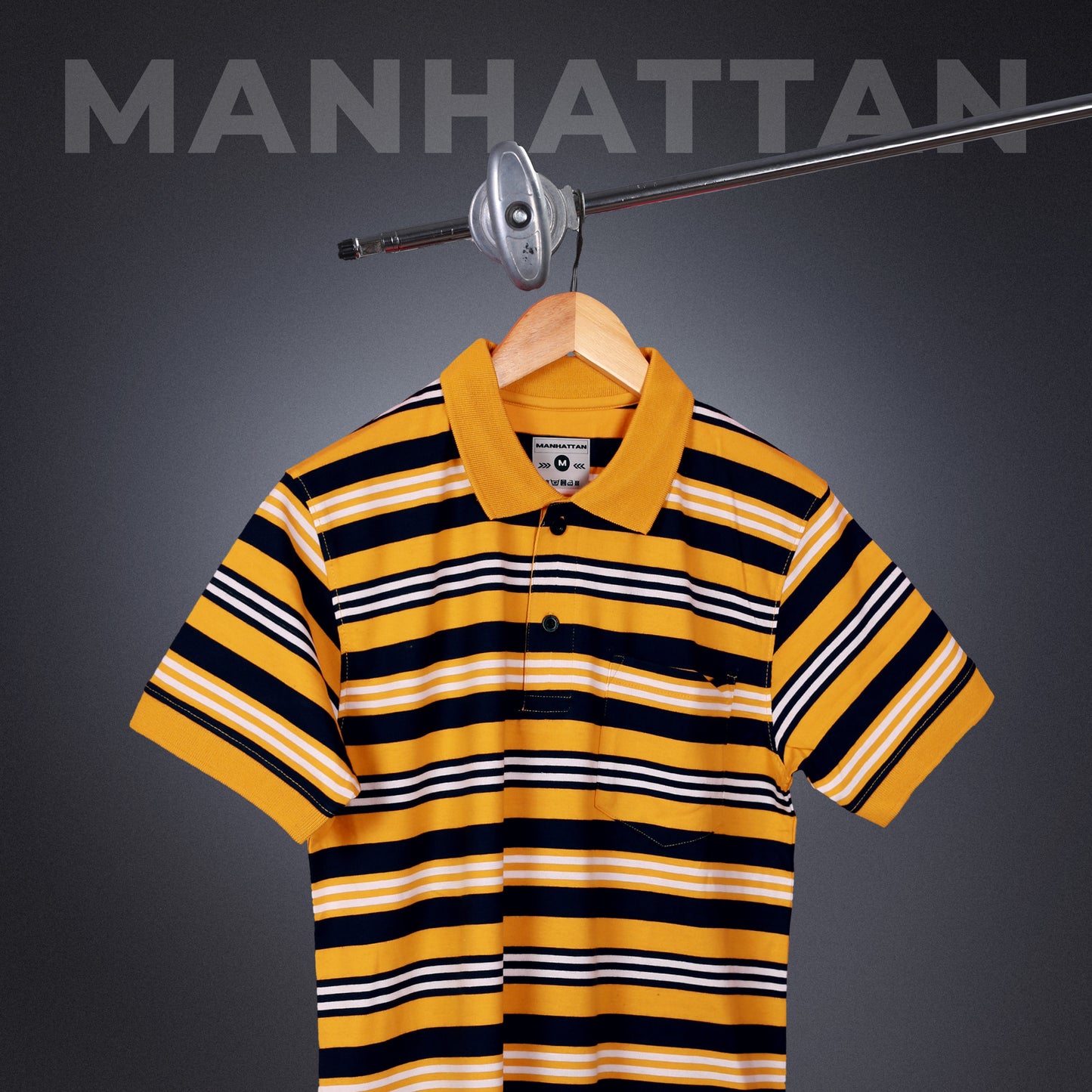 Premium Cotton Multi Striped Polo Pocket (Yellow/Navy/White Stripes)