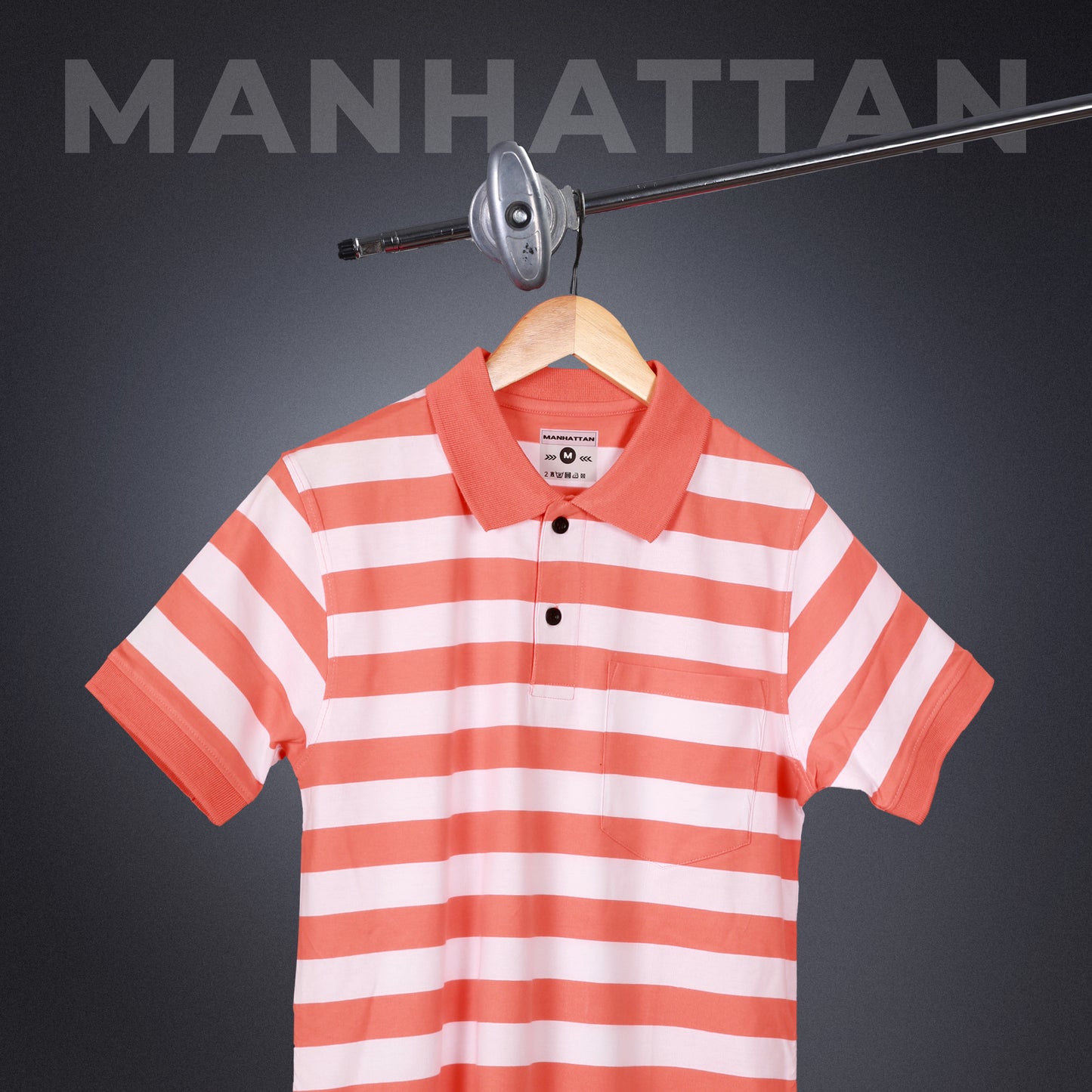 Premium Cotton Small Striped Polo Pocket (White/Orange Stripes)