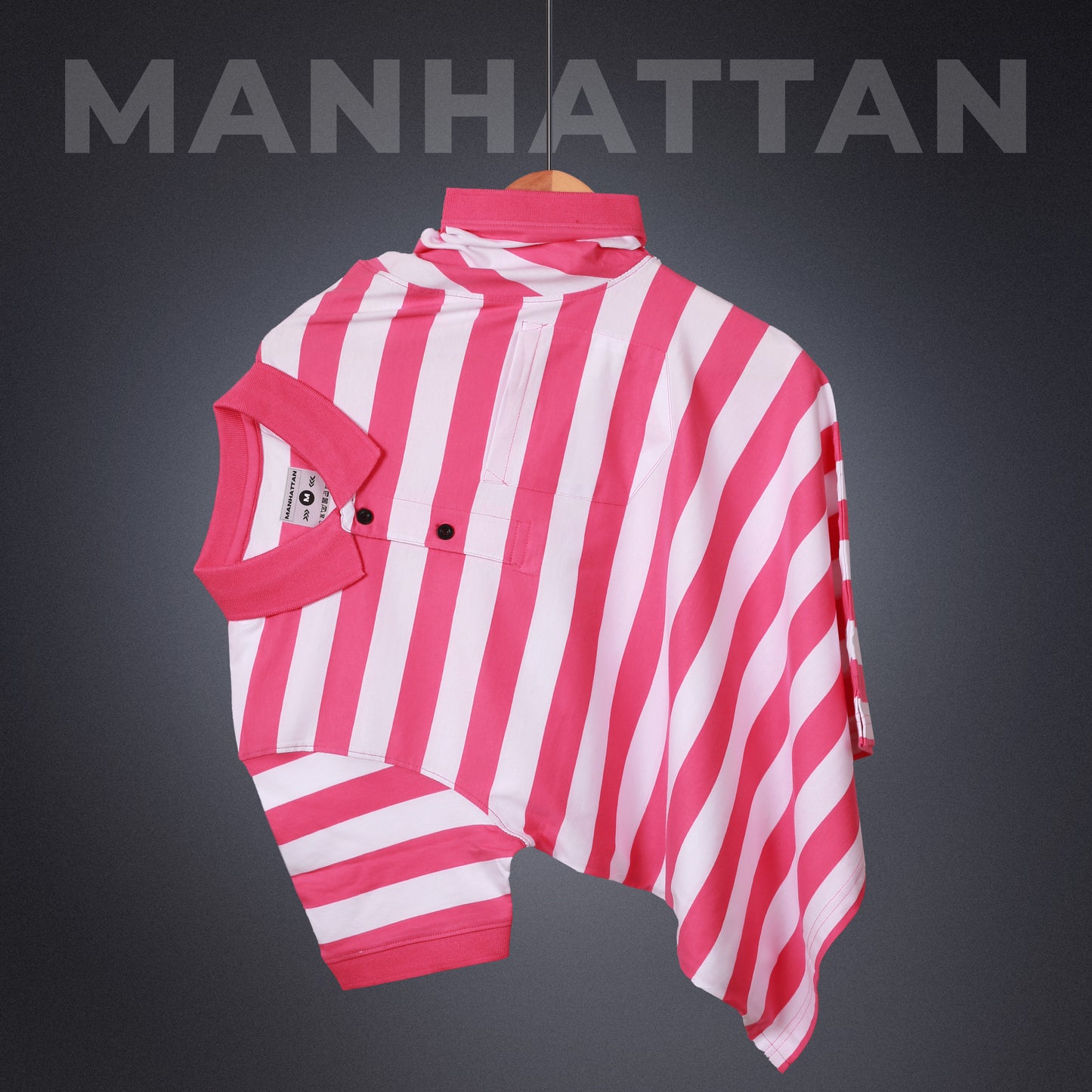 Premium Cotton Small Striped Polo Pocket (White/Pink Stripes)