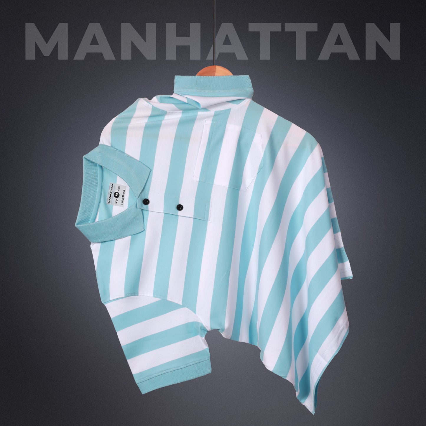 Pure Cotton Small Striped Polo Pocket (White/Sky Blue Stripes)