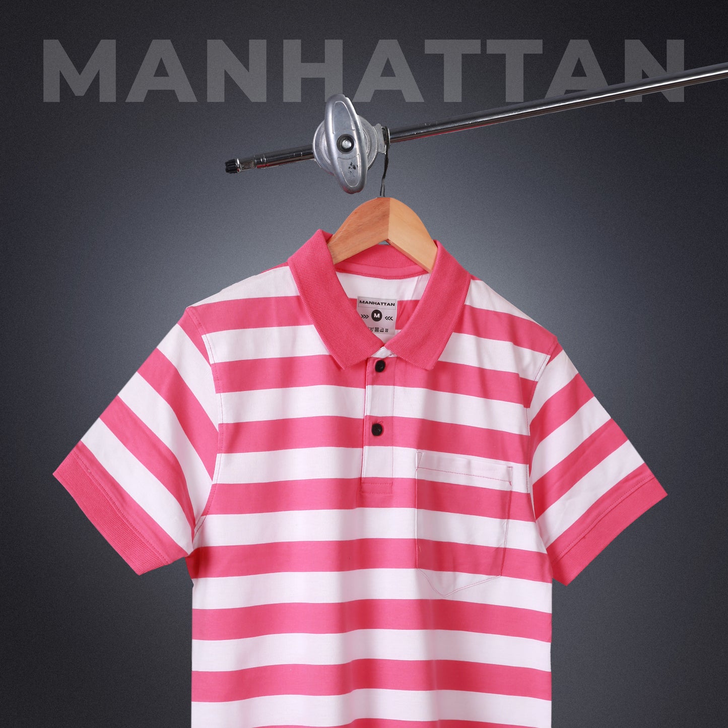 Premium Cotton Small Striped Polo Pocket (White/Pink Stripes)