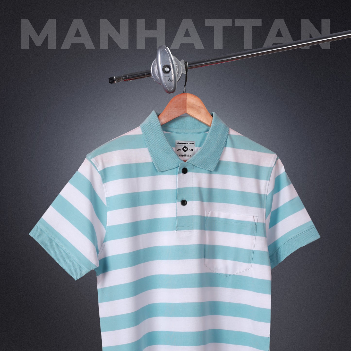 Pure Cotton Small Striped Polo Pocket (White/Sky Blue Stripes)