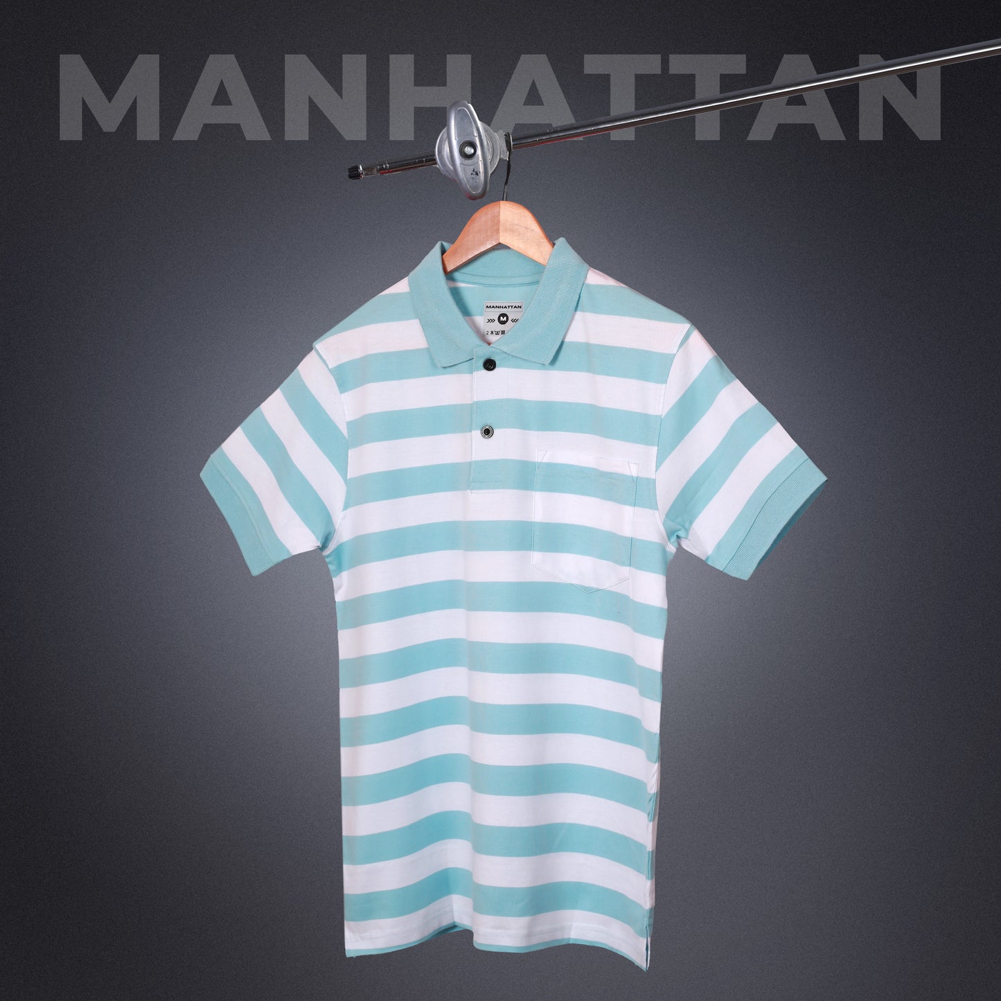 Pure Cotton Small Striped Polo Pocket (White/Sky Blue Stripes)