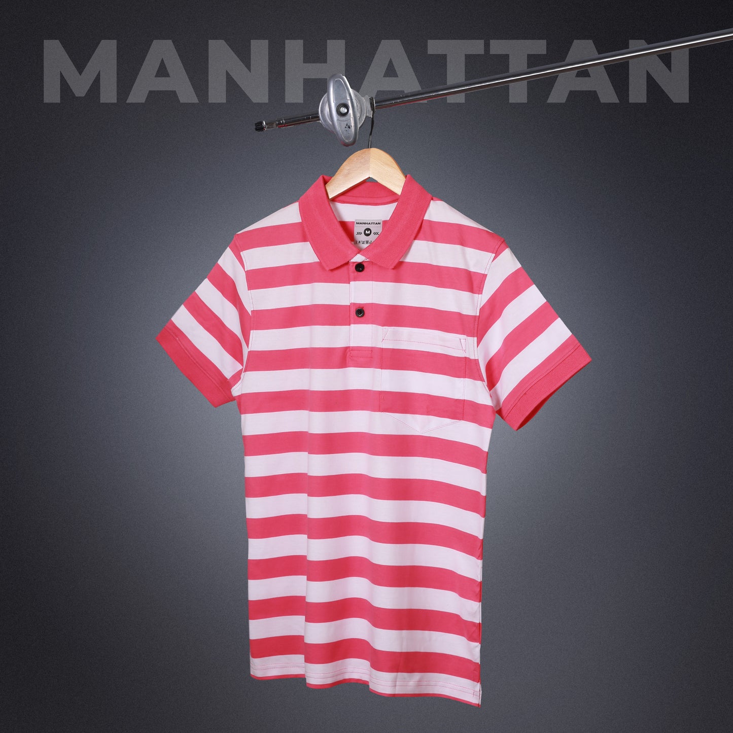 Premium Cotton Small Striped Polo Pocket (White/Pink Stripes)