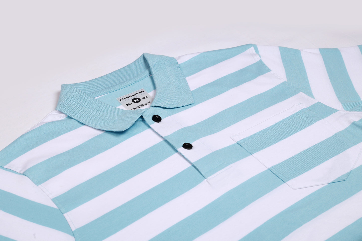 Pure Cotton Small Striped Polo Pocket (White/Sky Blue Stripes)