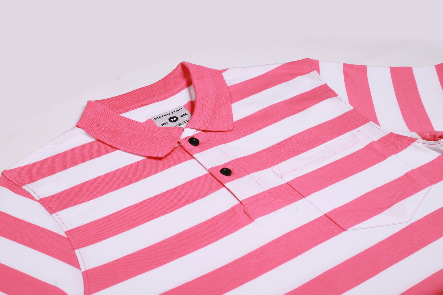 Premium Cotton Small Striped Polo Pocket (White/Pink Stripes)