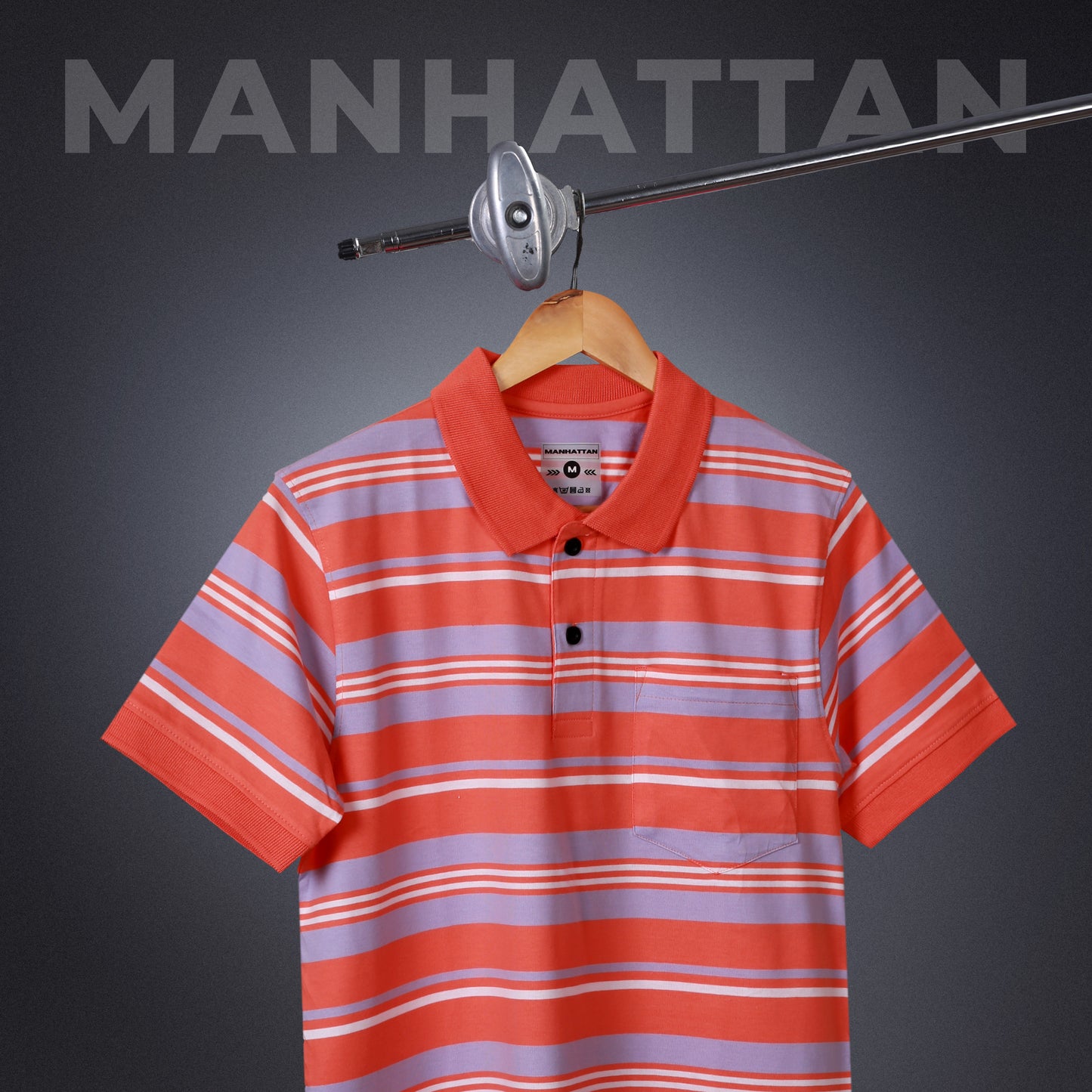 Premium Cotton Multi Striped Polo Pocket (Orange/Lavender Stripes)