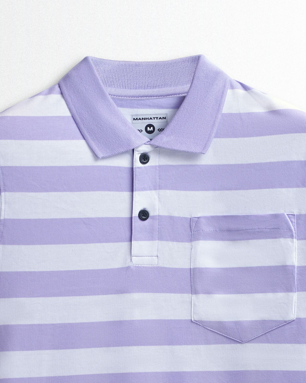 Premium Cotton Small Striped Polo Pocket (White/Lavender Stripes)