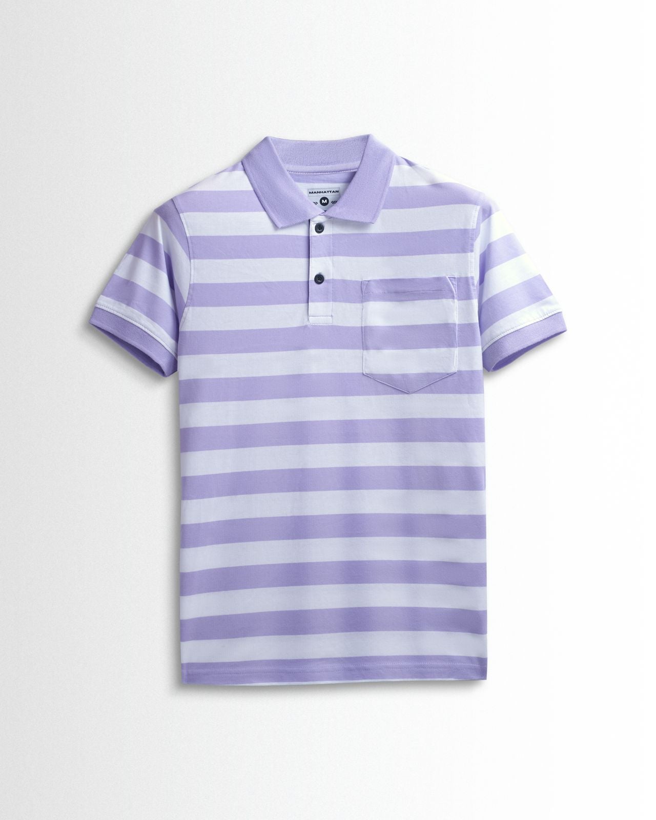Premium Cotton Small Striped Polo Pocket (White/Lavender Stripes)