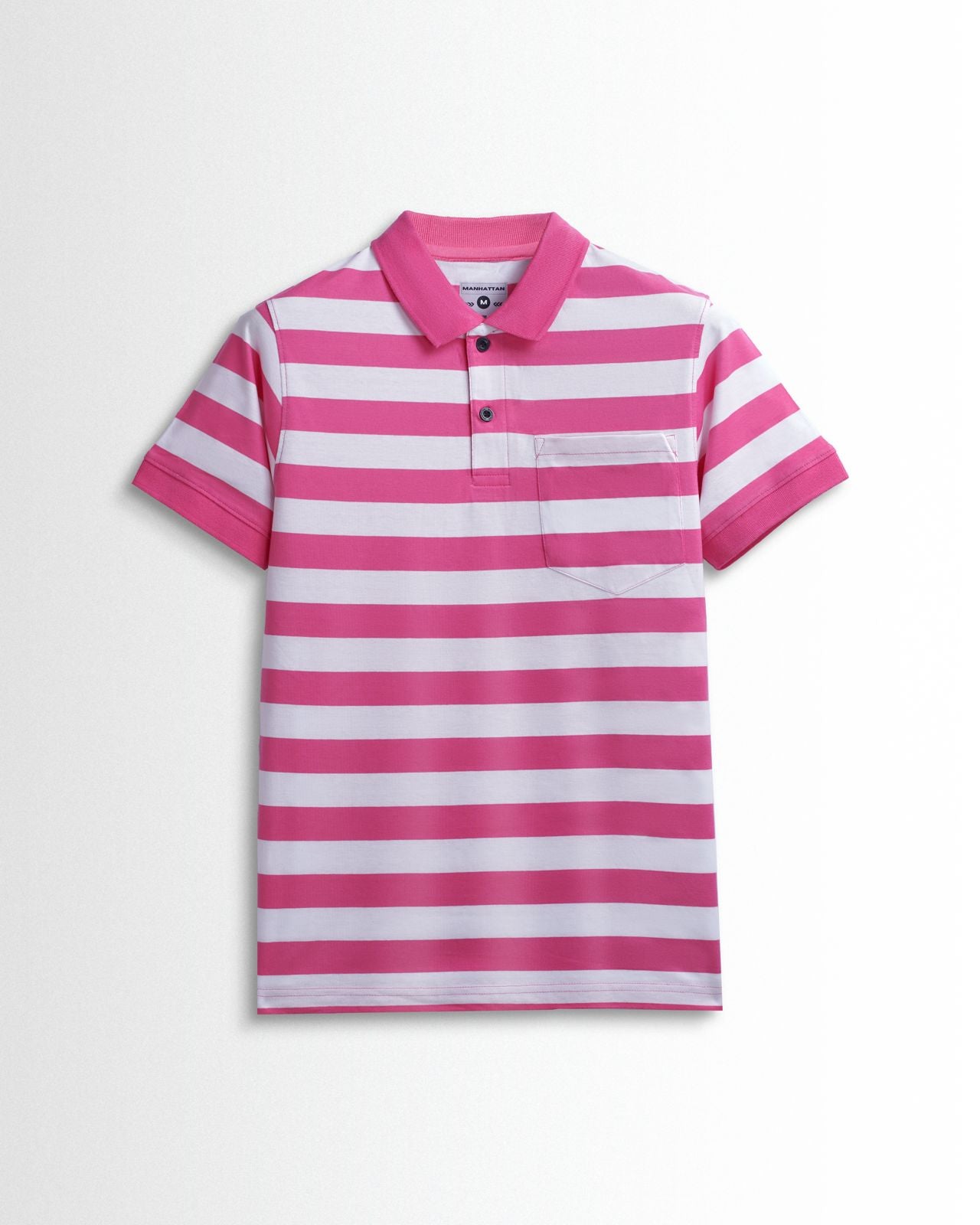Premium Cotton Small Striped Polo Pocket (White/Pink Stripes)