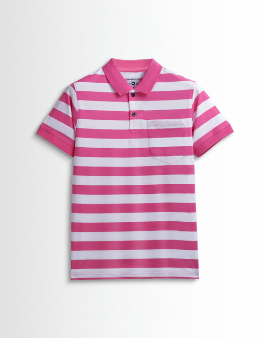Premium Cotton Small Striped Polo Pocket (White/Pink Stripes)
