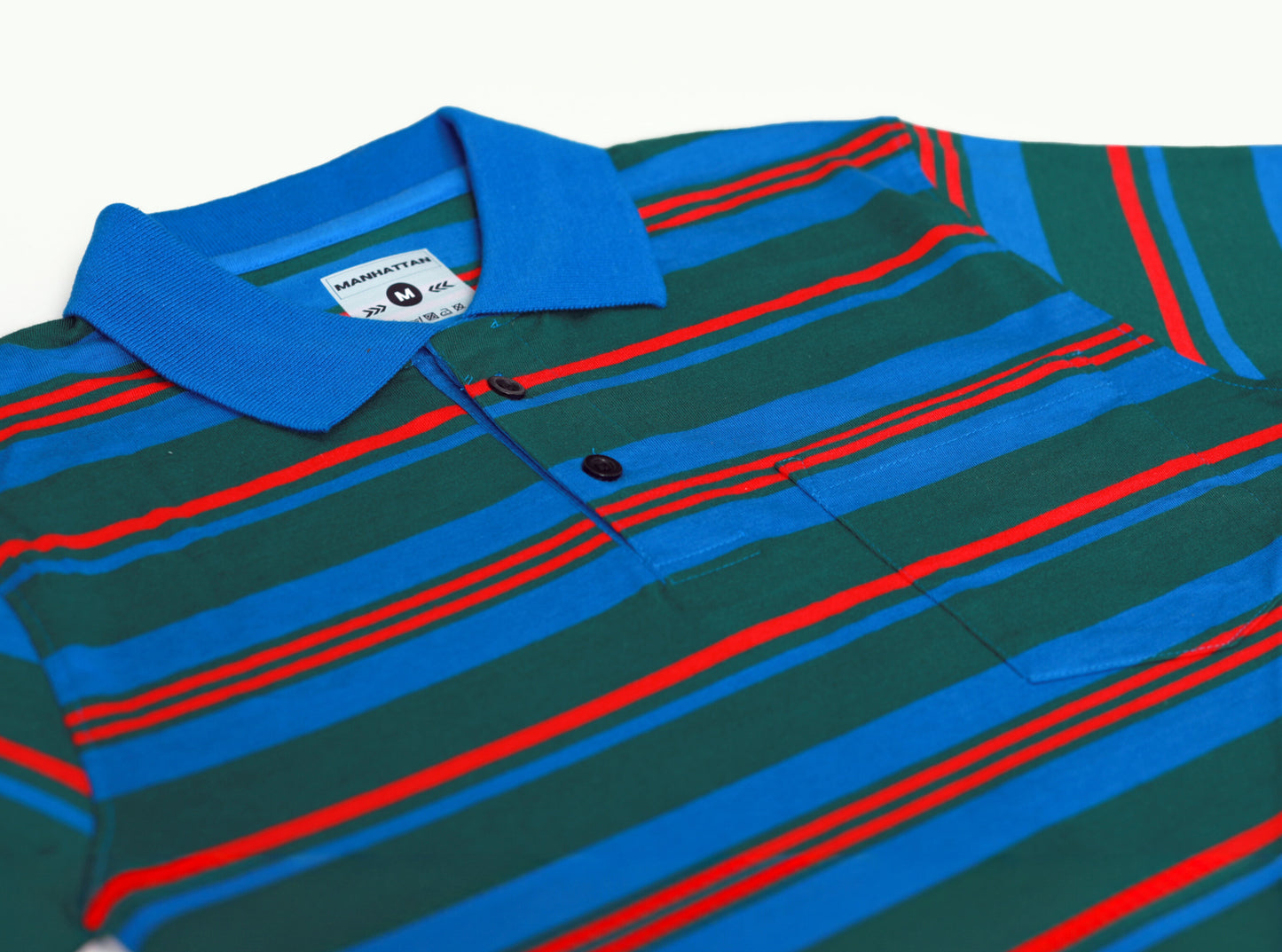 Pure Cotton Multi Striped Polo Pocket (Royal Blue/Green Stripes)