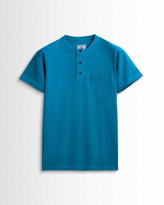 Pure Cotton Henley Pocket T Shirts (Turquoise Blue)