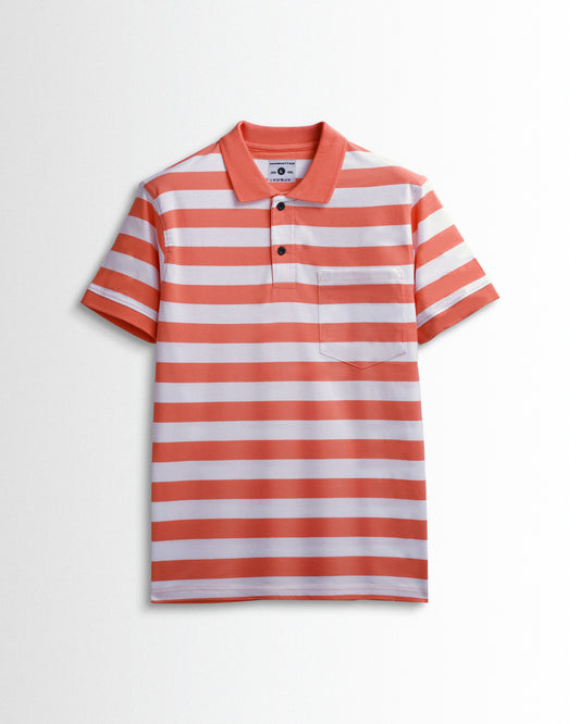 Premium Cotton Small Striped Polo Pocket (White/Orange Stripes)