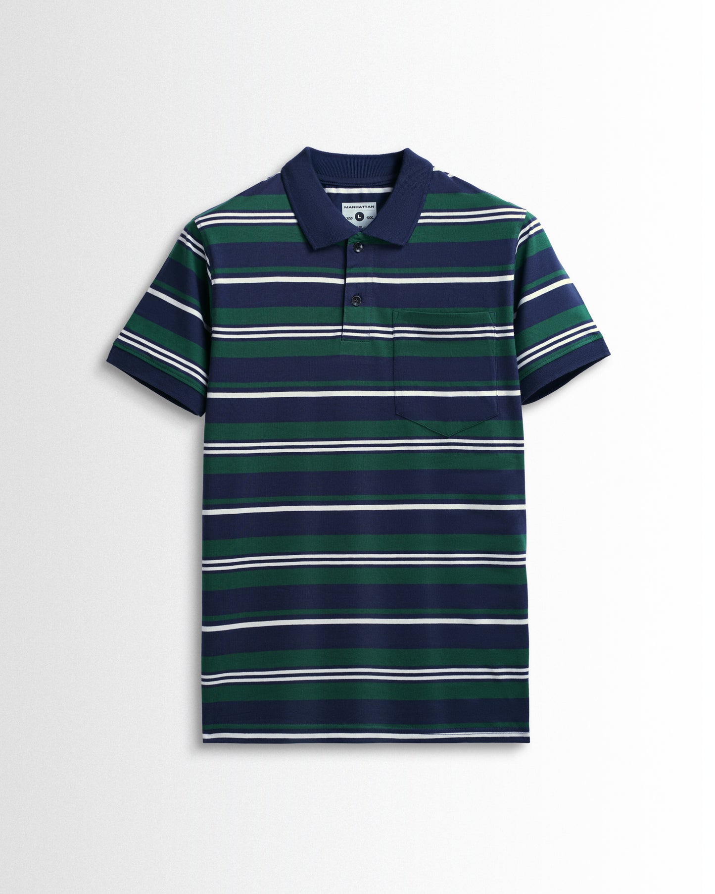 Premium Cotton Multi Striped Polo Pocket (Navy/Green/White Stripes)
