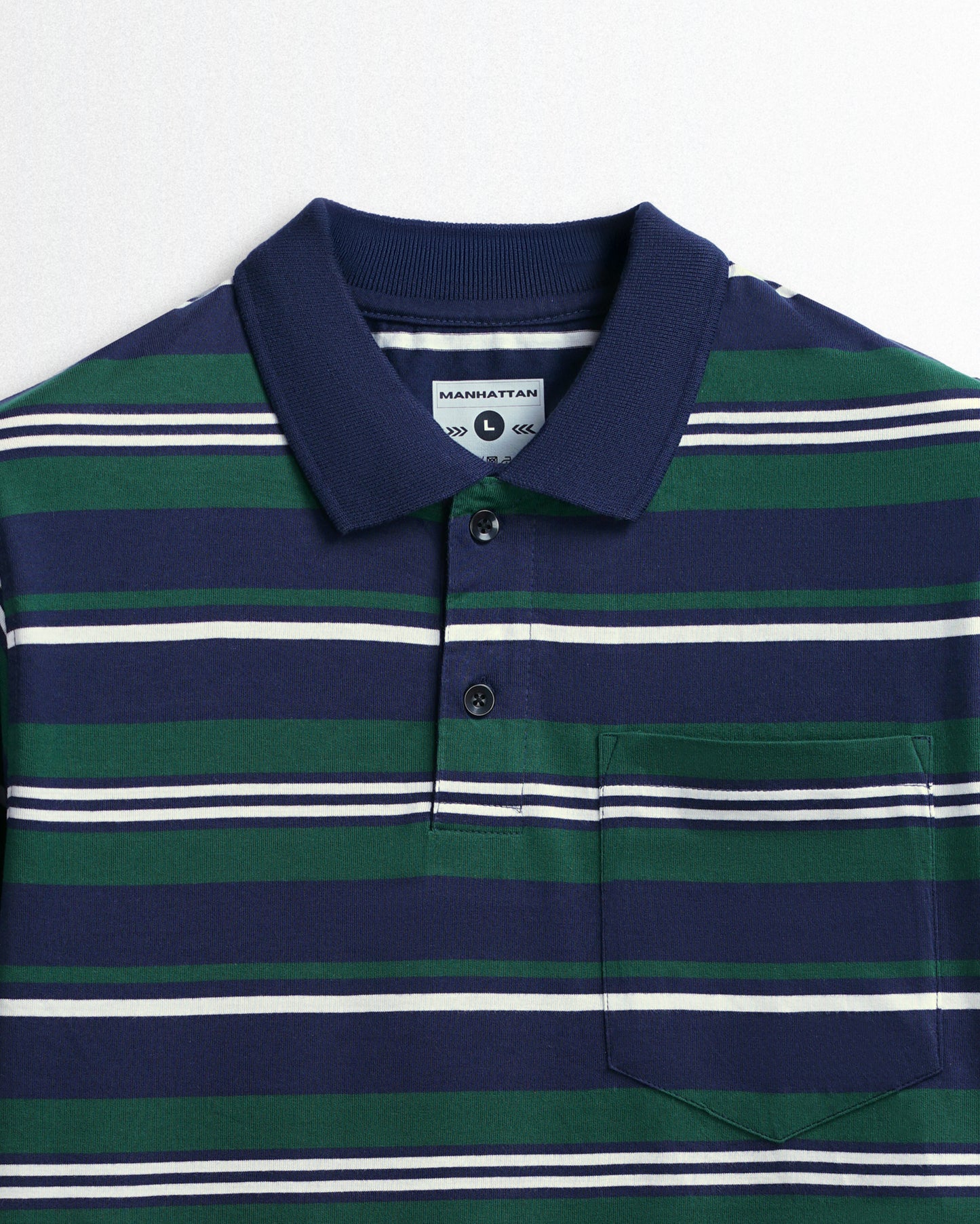 Premium Cotton Multi Striped Polo Pocket (Navy/Green/White Stripes)