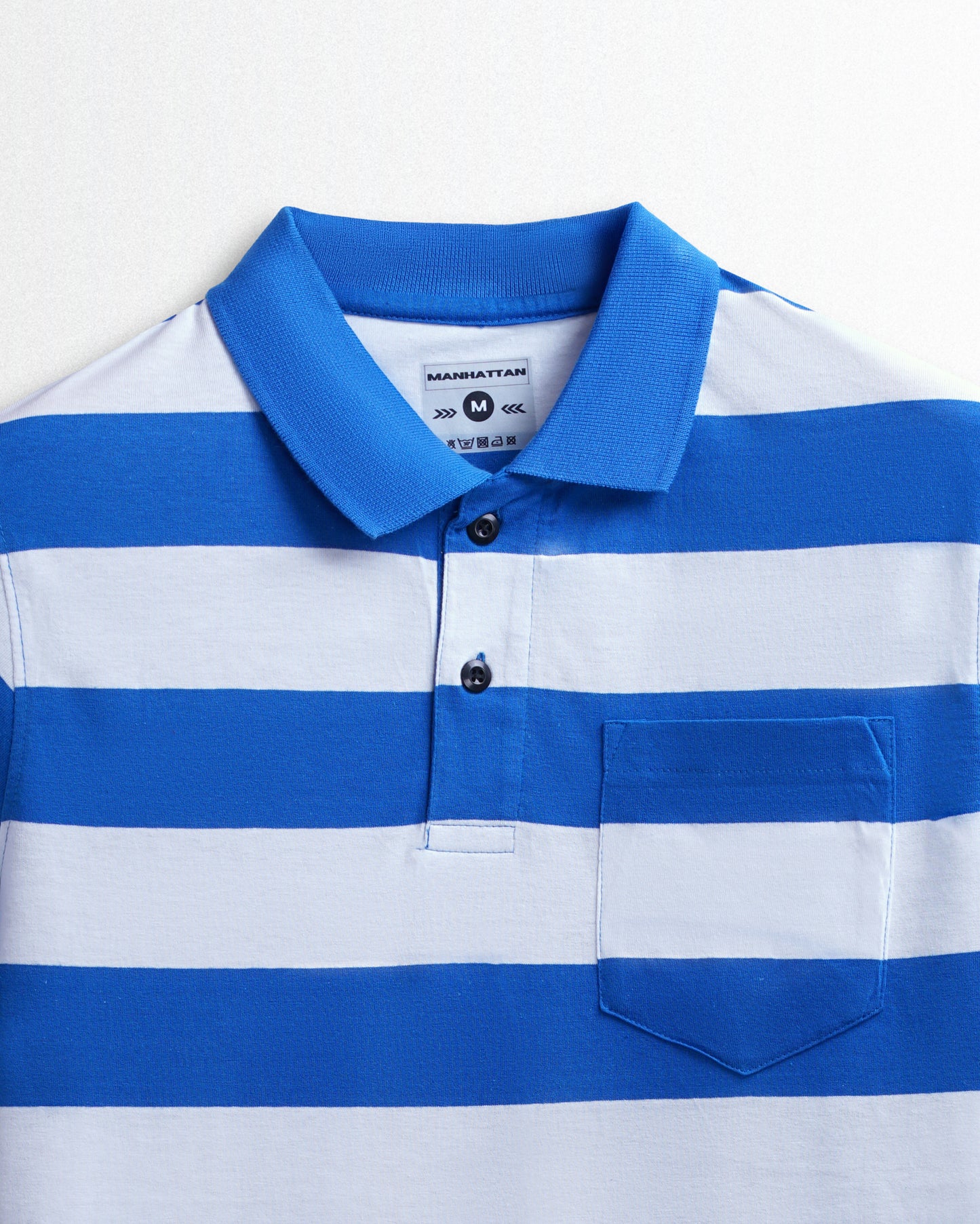 Premium Cotton Striped Polo Pocket (White/Blue Stripes)