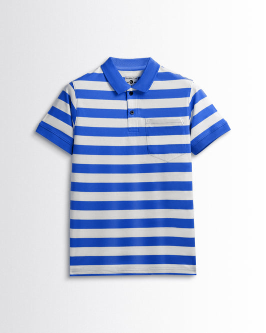 Premium Cotton Small Striped Polo Pocket (White/Blue Stripes)