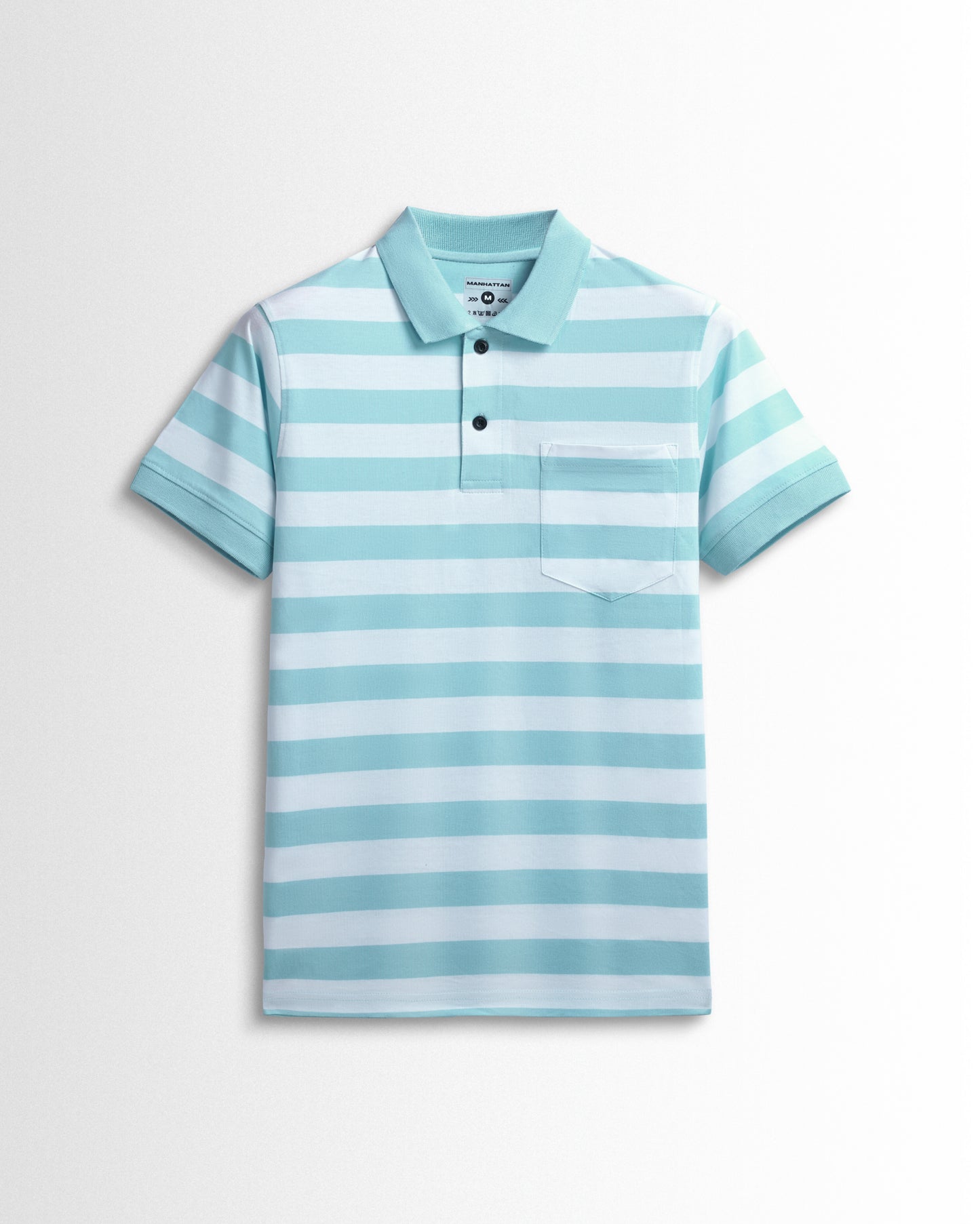 Pure Cotton Small Striped Polo Pocket (White/Sky Blue Stripes)
