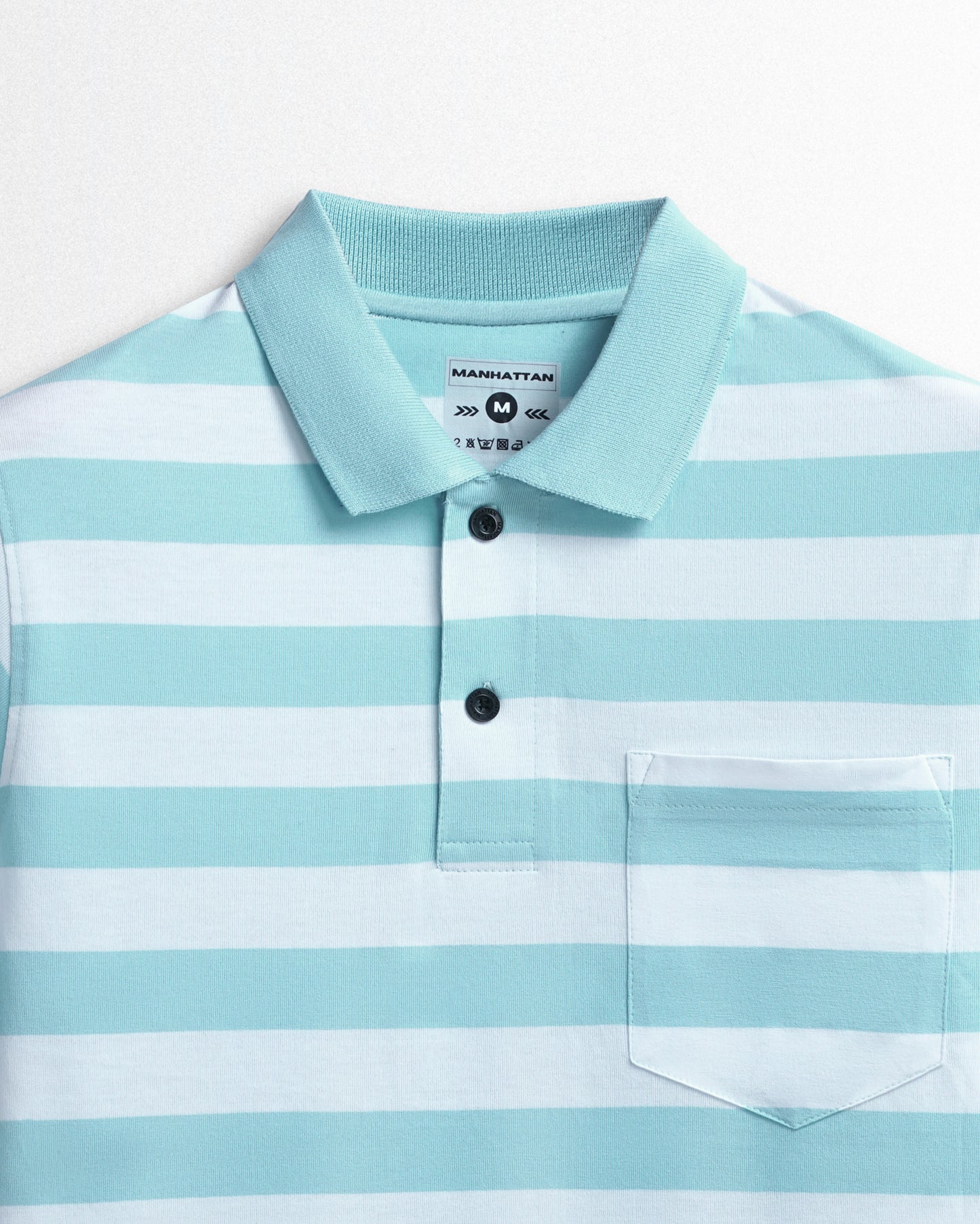 Pure Cotton Small Striped Polo Pocket (White/Sky Blue Stripes)