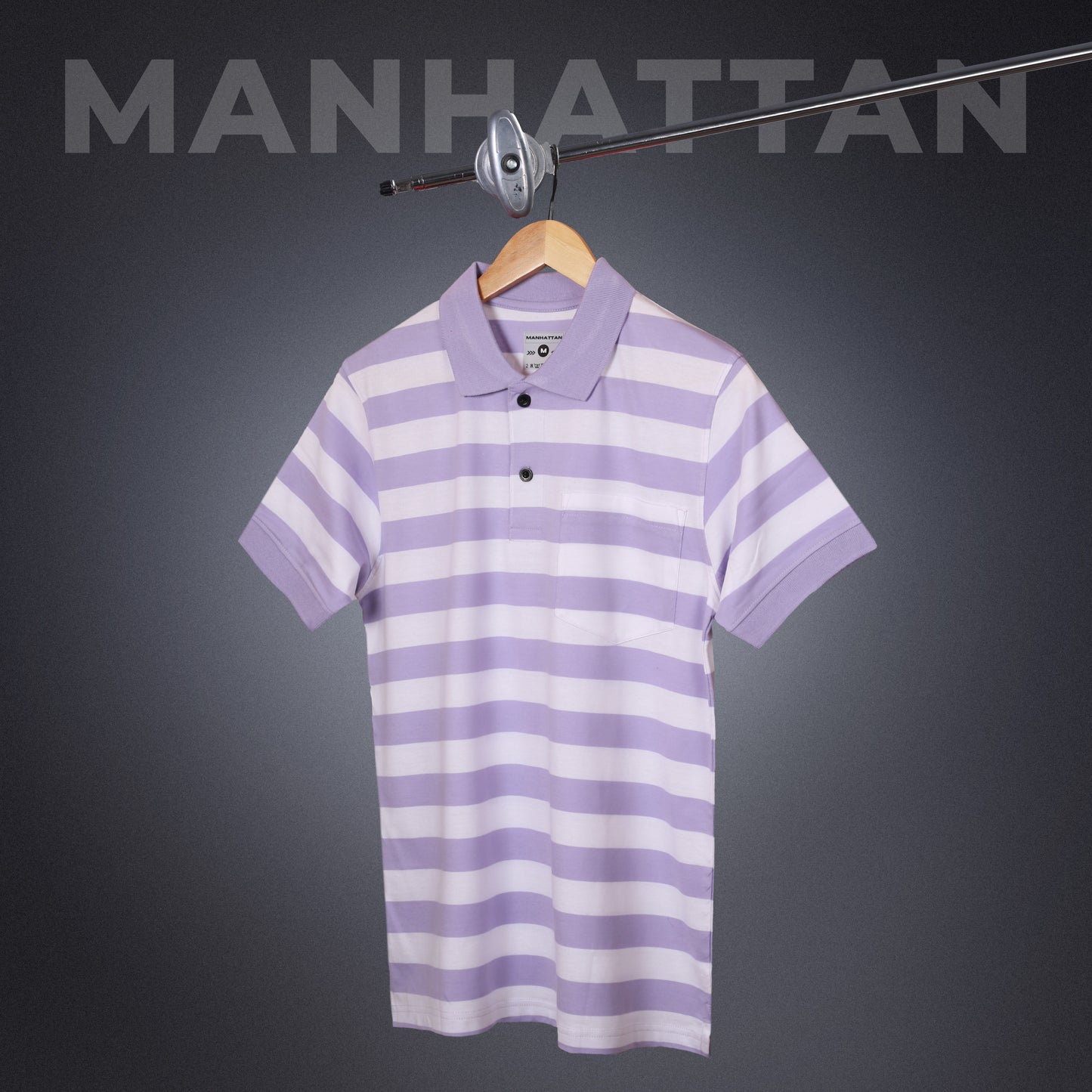 Premium Cotton Small Striped Polo Pocket (White/Lavender Stripes)