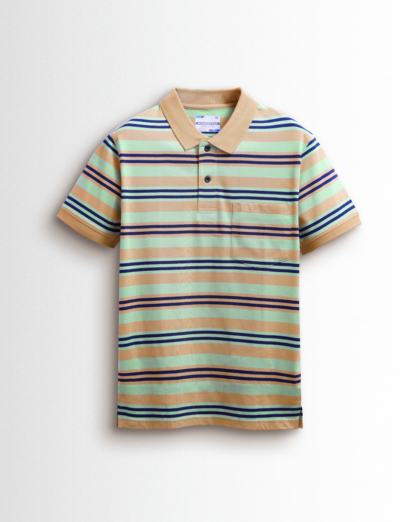 Premium Cotton Multi Striped Polo Pocket (Beach/Smoke Green/Navy Stripes)