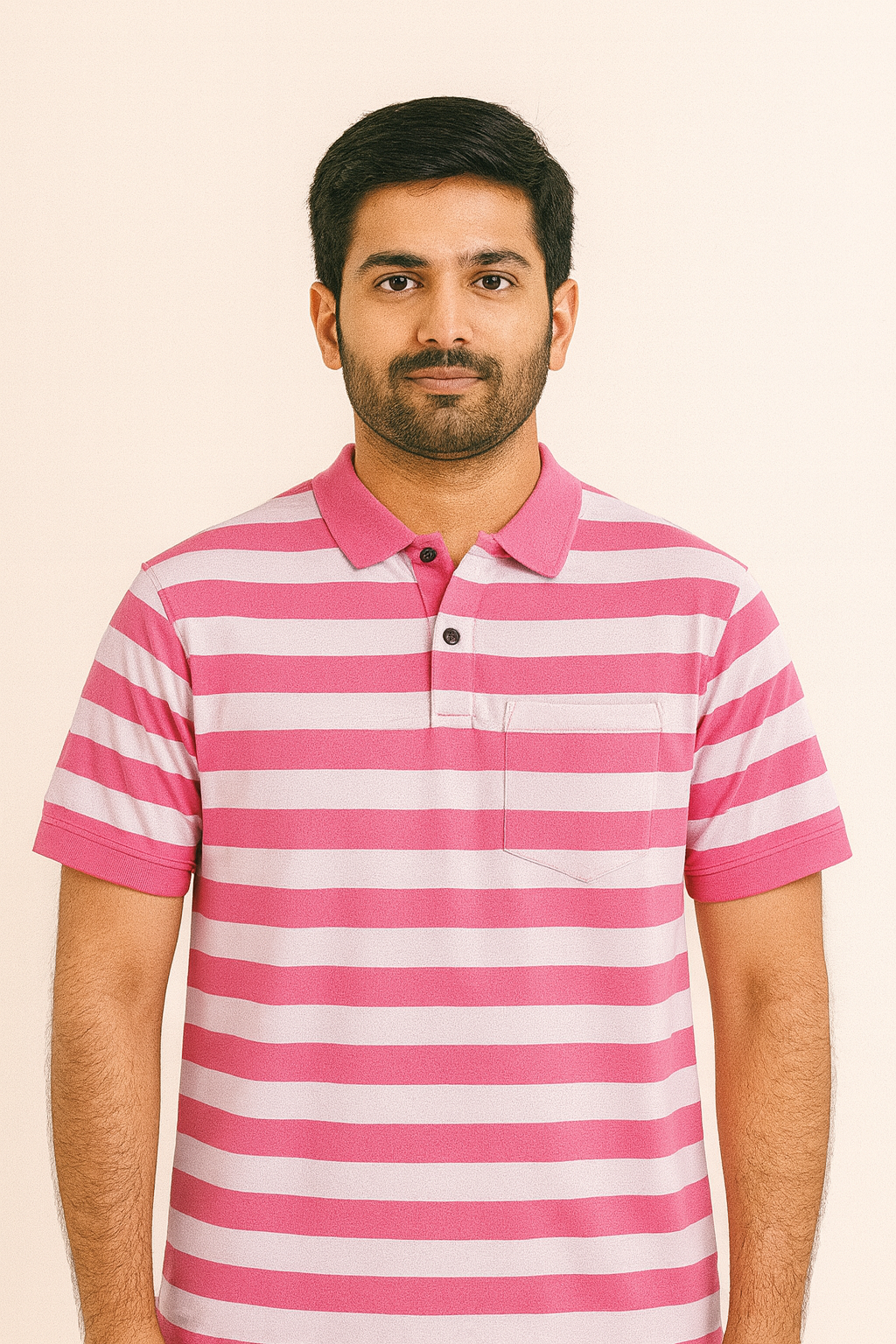 Premium Cotton Small Striped Polo Pocket (White/Pink Stripes)