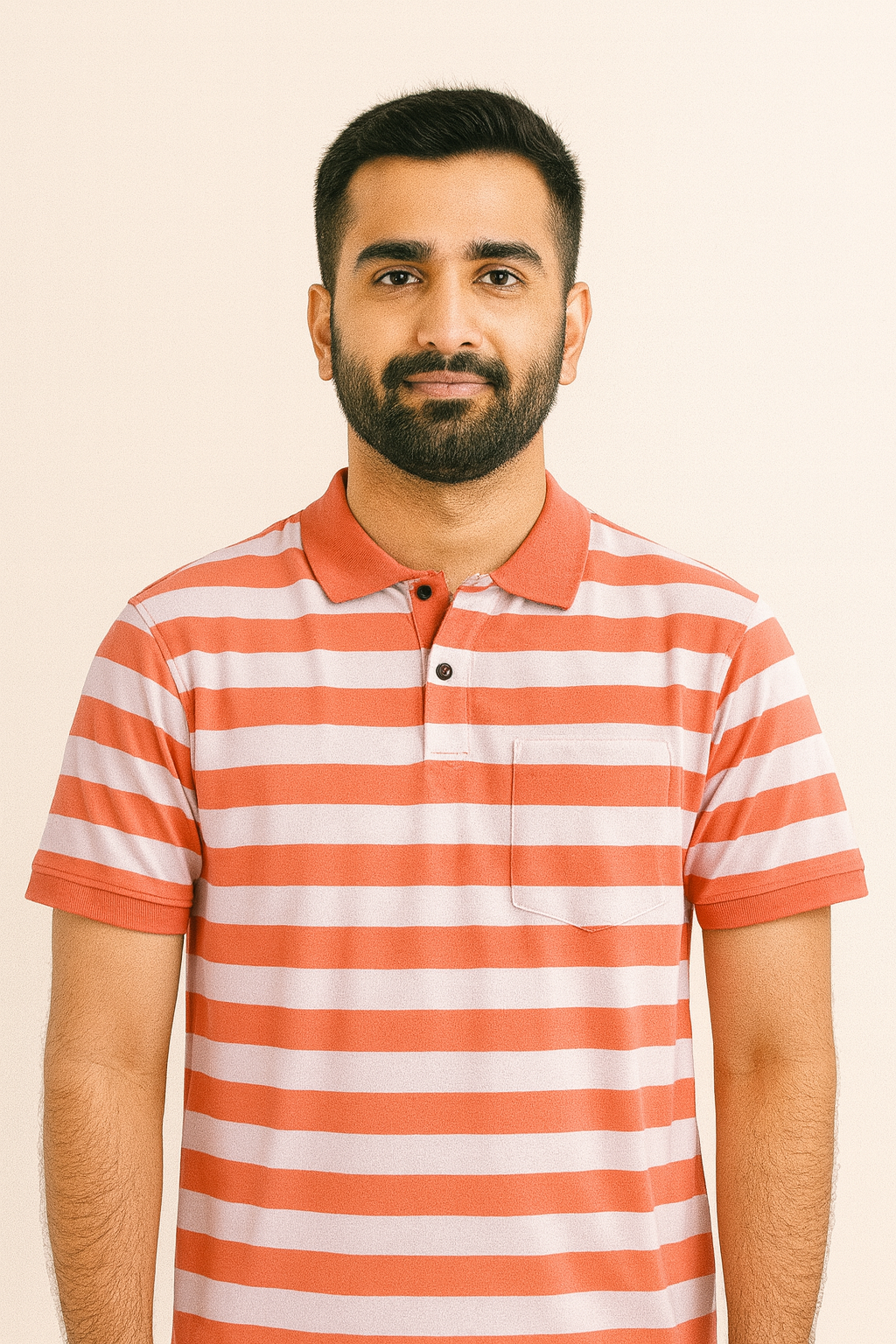 Premium Cotton Small Striped Polo Pocket (White/Orange Stripes)