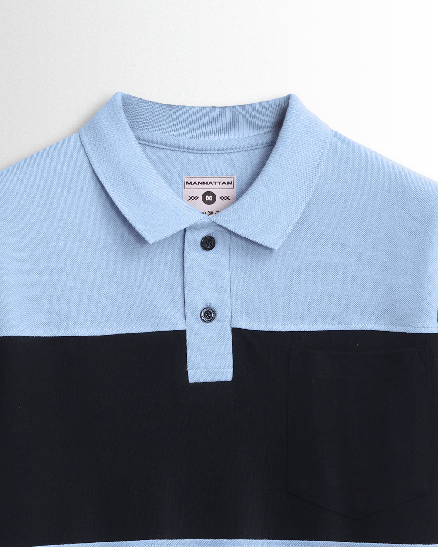 Cotton Polo Full Sleeve Pocket (Sky Blue/Black) Cut & Sew