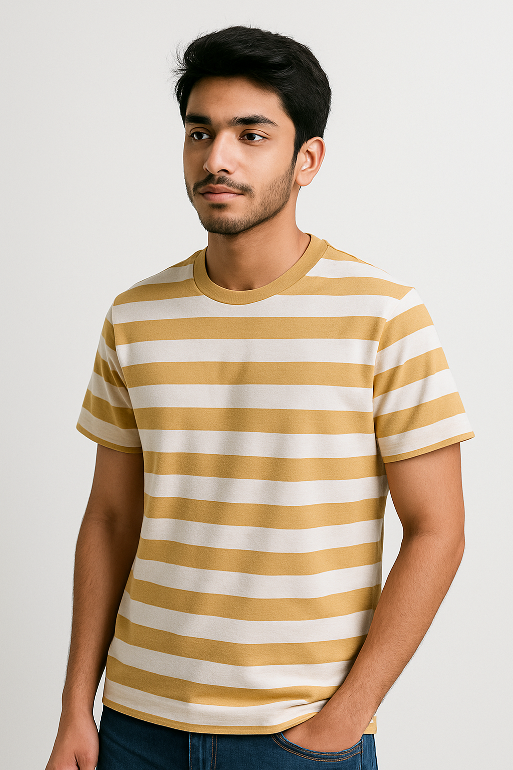 Premium Yarn Striped Cotton T-Shirts (White/ Beach)