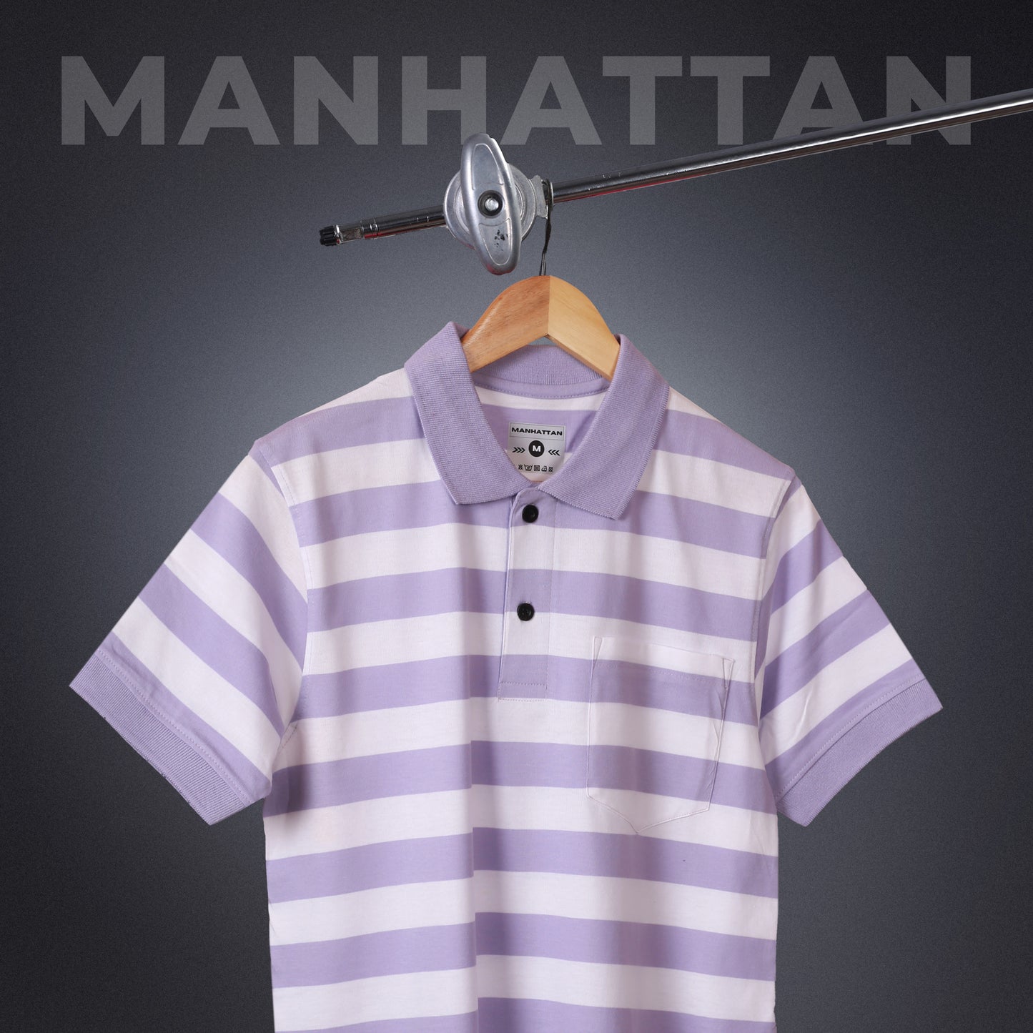 Premium Cotton Small Striped Polo Pocket (White/Lavender Stripes)