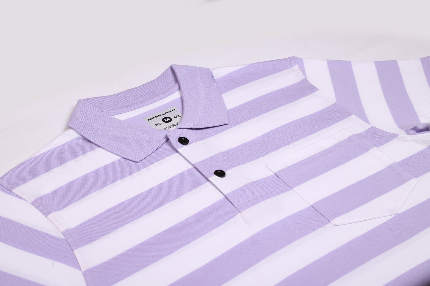 Premium Cotton Small Striped Polo Pocket (White/Lavender Stripes)