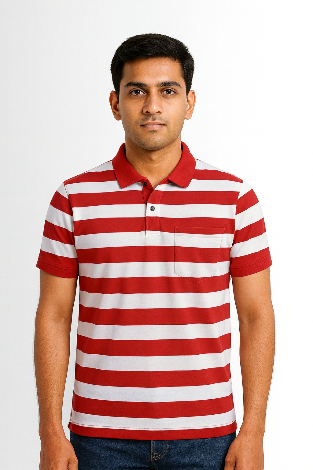 Premium Cotton Striped Polo Pocket (White/Red Stripes)
