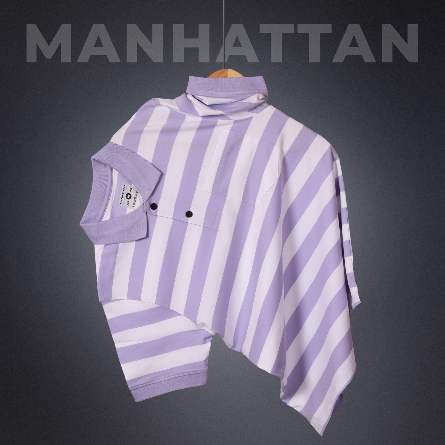 Premium Cotton Small Striped Polo Pocket (White/Lavender Stripes)