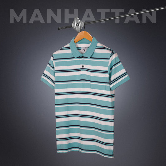 Pure Cotton Multi Striped Polo Pocket (Marine Blue/Navy/White Stripes)